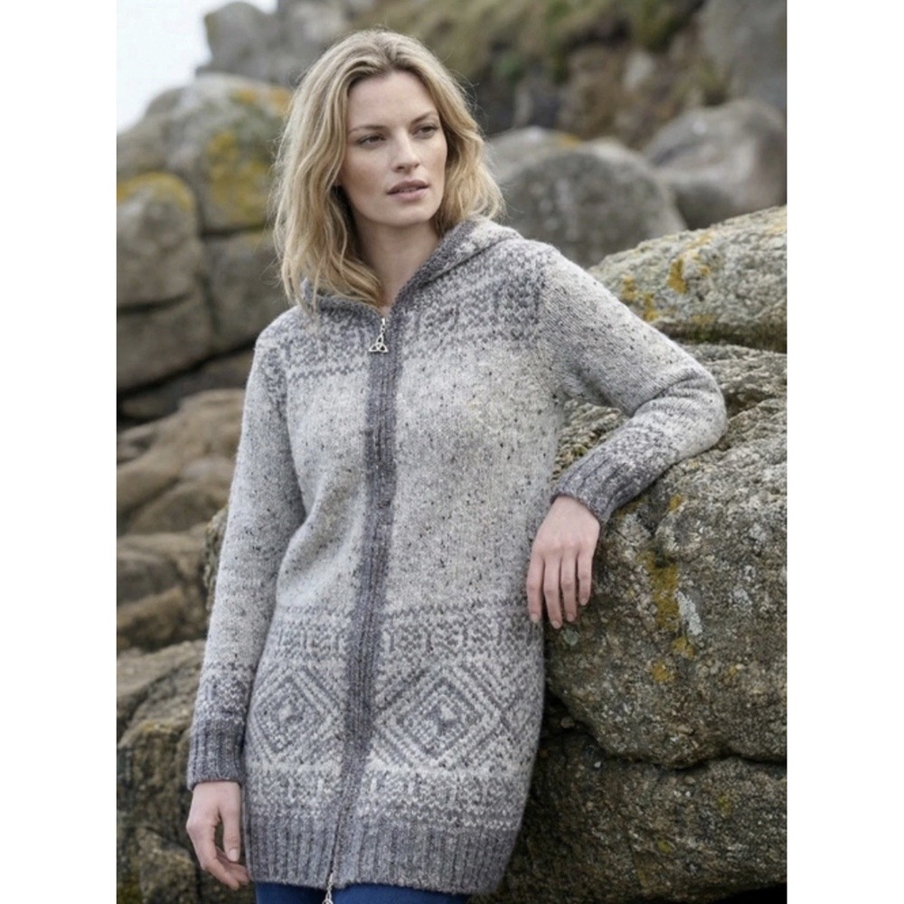 Aran Crafts Ireland Gray 100% Wool Hooded Zip Cardigan Fair Isle Sweater S